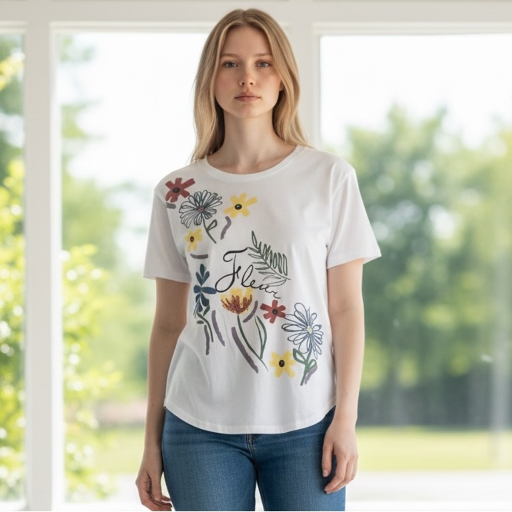 Architect Flower Fleur White Short Sleeve Cotton‎ Shirt XL